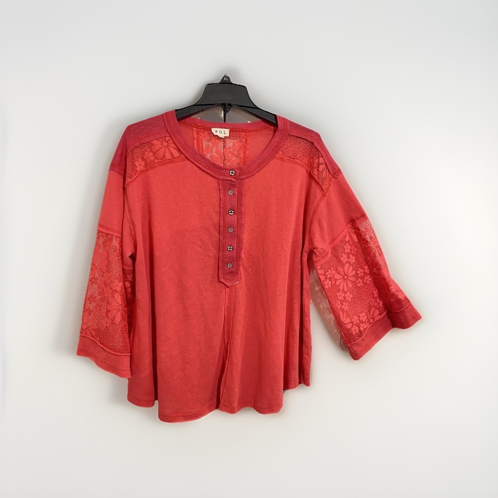 POL Bohemian Lace Sleeves Coral Women's Top Size L Boho Hippie Lagenlook Chic